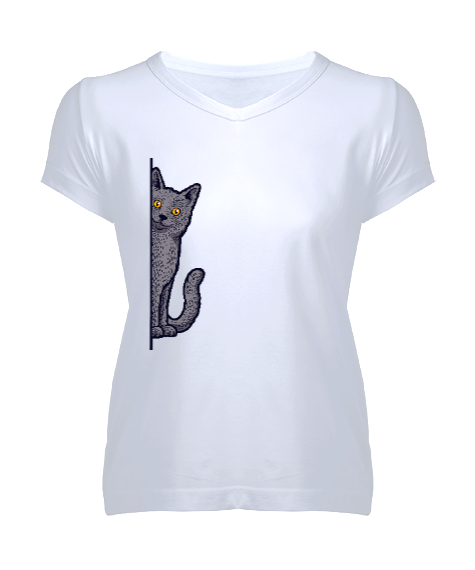 Tisho - Gizlenen Kedi Beyaz Kadın V Yaka Tişört
