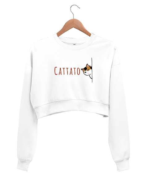 Tisho - Gizlenmiş Kedi - Cattato Beyaz Kadın Crop Sweatshirt