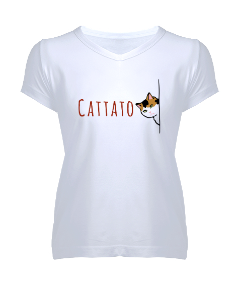 Tisho - Gizlenmiş Kedi - Cattato Beyaz Kadın V Yaka Tişört