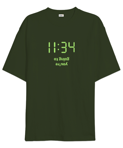 Tisho - Going To Hell - Ters Yazı ve Dijital Saat Haki Yeşili Oversize Unisex Tişört