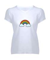 GÖKKUŞAĞI Beyaz Kadın V Yaka Tişört - Tisho