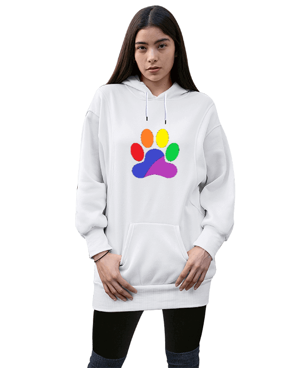 Tisho - Gökkuşağı Temalı Pati İzi Kadın Uzun Hoodie Kapüşonlu Sweatshirt