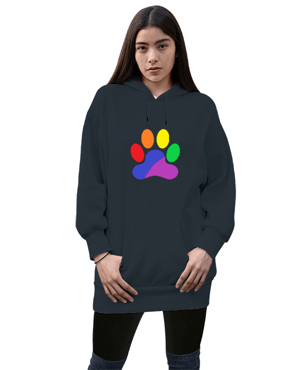 Tisho - Gökkuşağı Temalı Pati İzi Kadın Uzun Hoodie Kapüşonlu Sweatshirt