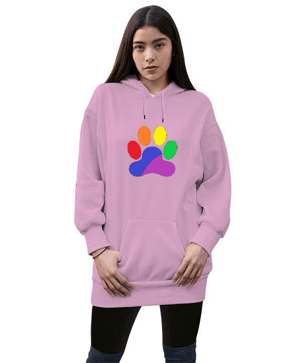 Tisho - Gökkuşağı Temalı Pati İzi Kadın Uzun Hoodie Kapüşonlu Sweatshirt