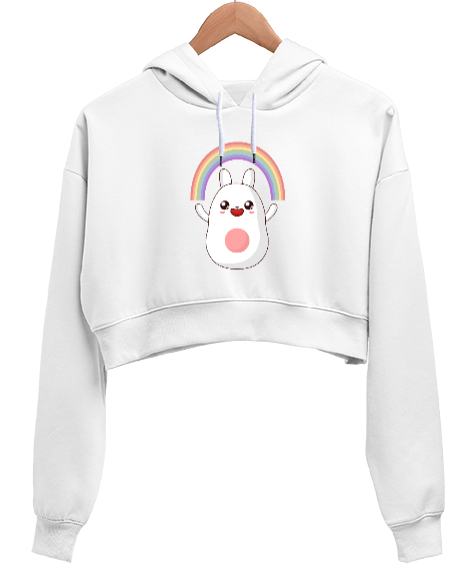 Tisho - Gökkuşağı Temalı Rengarenk Tatlı Tavşan Beyaz Kadın Crop Hoodie Kapüşonlu Sweatshirt