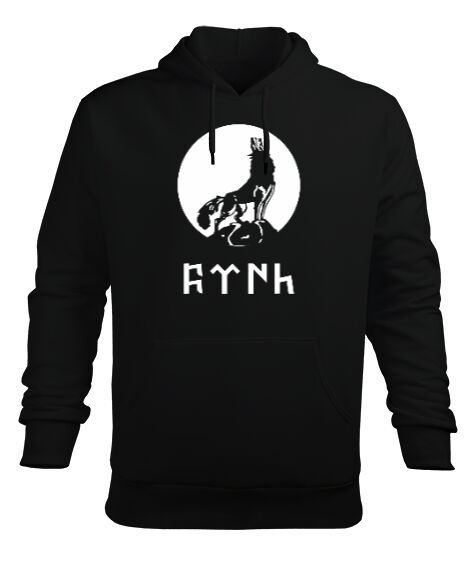 Tisho - Göktürk Bozkurt Gri Kurt Tasarım Baskılı Siyah Erkek Kapüşonlu Hoodie Sweatshirt