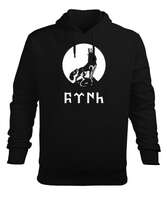 Göktürk Bozkurt Gri Kurt Tasarım Baskılı Siyah Erkek Kapüşonlu Hoodie Sweatshirt - Tisho