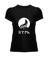 Göktürk Bozkurt Gri Kurt Tasarım Baskılı Siyah Kadın Tişört - Tisho