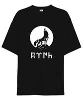 Göktürk Bozkurt Gri Kurt Tasarım Baskılı Siyah Oversize Unisex Tişört - Tisho