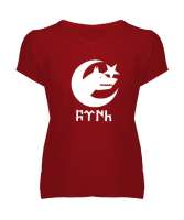 Göktürk, Bozkurt, Türk, Kurt, Hilal, Yıldız Kırmızı Kadın V Yaka Tişört - Tisho