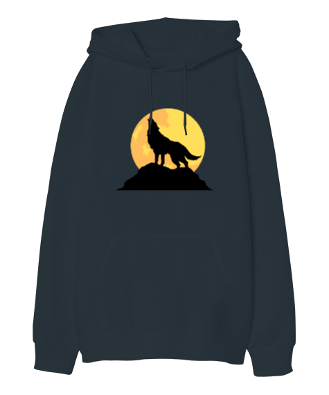 Tisho - Göktürk Tasarımı, Kurt Tasarımı, Füme Renkli Oversize Unisex Kapüşonlu Sweatshirt