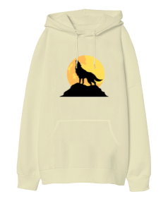 Göktürk Tasarımı, Kurt Tasarımı, Krem Renkli Oversize Unisex Kapüşonlu Sweatshirt - Tisho