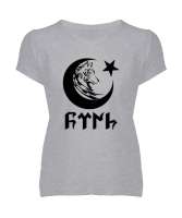 Göktürk, Türk, Bozkurt, Hilal, Kurt V2 Gri Kadın V Yaka Tişört - Tisho