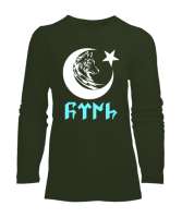 Göktürk, Türk, Bozkurt, Hilal, Kurt V2 Haki Yeşili Kadın Uzun Kol Tişört - Tisho