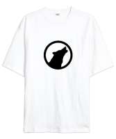 Göktürk Türk Bozkurt Yuvarlak İçinde Uluyan Kurt Beyaz Oversize Unisex Tişört - Tisho