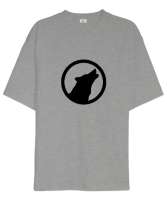 Göktürk Türk Bozkurt Yuvarlak İçinde Uluyan Kurt Gri Oversize Unisex Tişört - Tisho