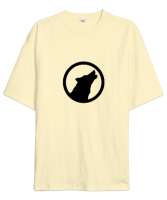 Göktürk Türk Bozkurt Yuvarlak İçinde Uluyan Kurt Krem Oversize Unisex Tişört - Tisho