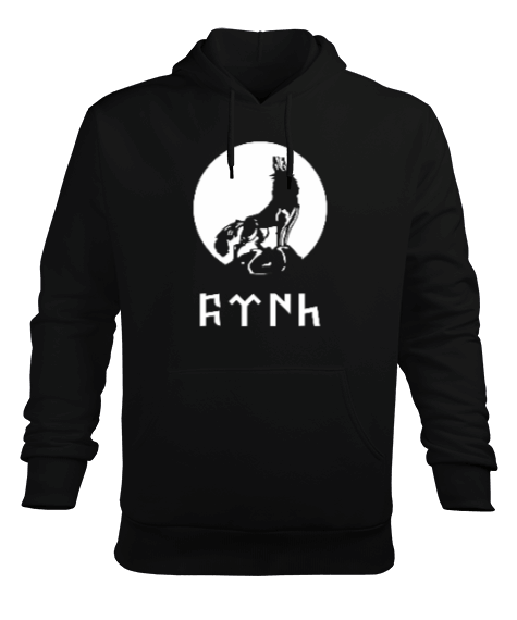 Tisho - Göktürk Türk Kurt Tasarım Baskılı Siyah Erkek Kapüşonlu Hoodie Sweatshirt