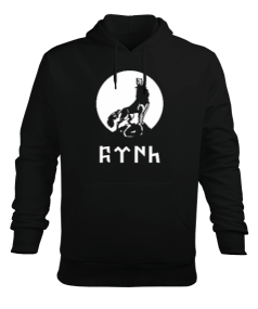 Göktürk Türk Kurt Tasarım Baskılı Siyah Erkek Kapüşonlu Hoodie Sweatshirt - Tisho