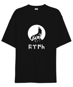 Göktürk Türk Kurt Tasarım Baskılı Siyah Oversize Unisex Tişört - Tisho