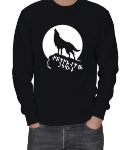 GÖKTÜRKÇE TANRI TÜRKÜ KORUSUN YAZILI KURT BASKILI ERKEK SWEATSHIRT - Tisho