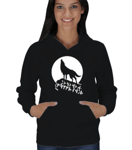 GÖKTÜRKÇE TANRI TÜRKÜ KORUSUN YAZILI KURT BASKILI Kadın Kapşonlu - Tisho