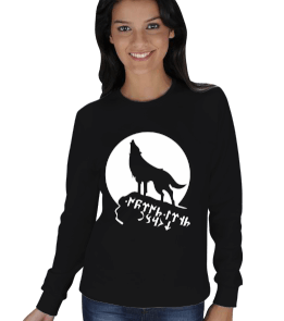 GÖKTÜRKÇE TANRI TÜRKÜ KORUSUN YAZILI KURT BASKILI KADIN SWEATSHIRT - Tisho