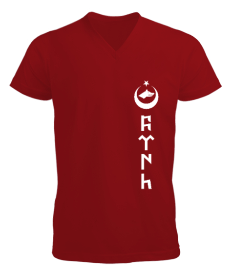 Tisho - Göktürk,Göktürk logosu,Türkiye. Kırmızı Erkek Kısa Kol V Yaka Tişört
