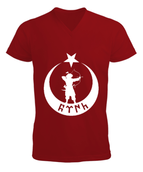 Tisho - Göktürk,Göktürk logosu,Türkiye. Kırmızı Erkek Kısa Kol V Yaka Tişört