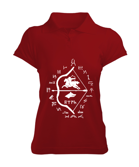 Tisho - Göktürk,Göktürk logosu,Türkiye. Kırmızı Kadın Polo Yaka Tişört