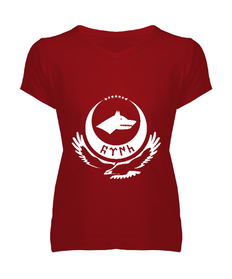 Göktürk,Göktürk logosu,Türkiye. Kırmızı Kadın V Yaka Tişört - Tisho