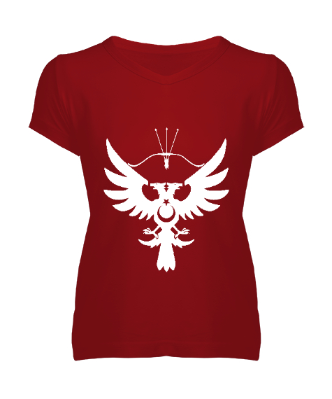 Tisho - Göktürk,Göktürk logosu,Türkiye. Kırmızı Kadın V Yaka Tişört