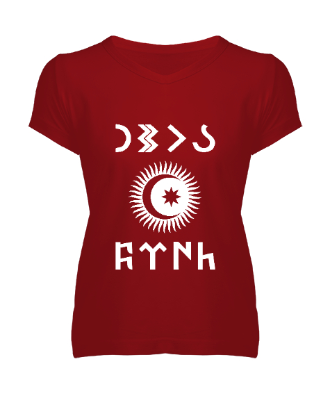 Tisho - Göktürk,Göktürk logosu,Türkiye. Kırmızı Kadın V Yaka Tişört