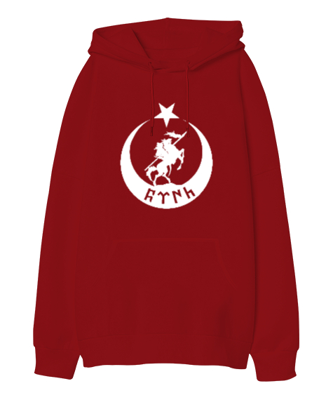 Tisho - Göktürk,Göktürk logosu,Türkiye. Kırmızı Oversize Unisex Kapüşonlu Sweatshirt
