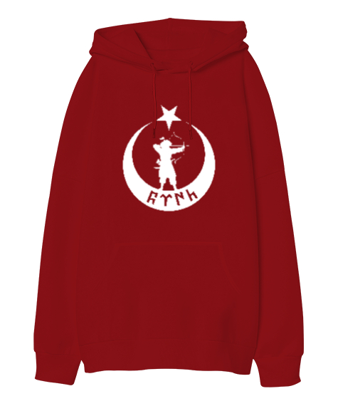 Tisho - Göktürk,Göktürk logosu,Türkiye. Kırmızı Oversize Unisex Kapüşonlu Sweatshirt