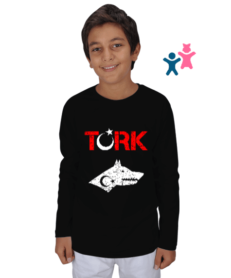 Tisho - Göktürk,Göktürk logosu,Türkiye. Siyah Çocuk Unisex Uzunkollu