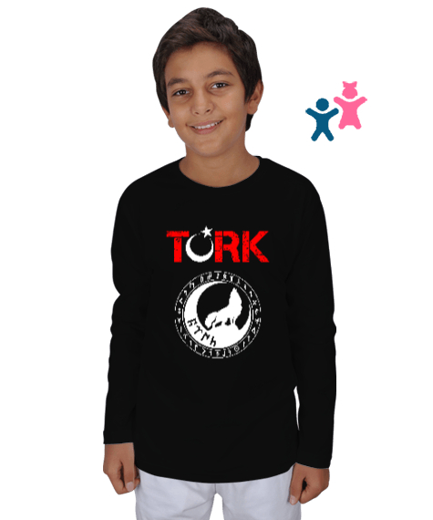 Tisho - Göktürk,Göktürk logosu,Türkiye. Siyah Çocuk Unisex Uzunkollu