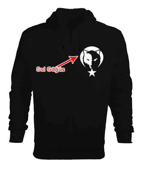 Göktürk,Göktürk logosu,Türkiye. Siyah Erkek Kapşonlu Fermuarlı - Tisho