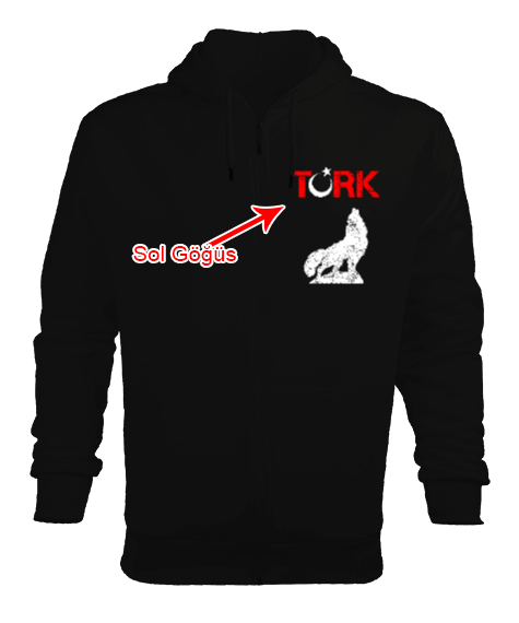 Tisho - Göktürk,Göktürk logosu,Türkiye. Siyah Erkek Kapşonlu Fermuarlı