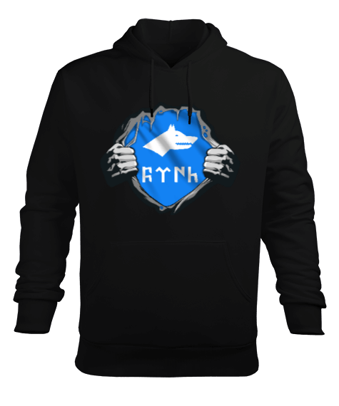 Tisho - Göktürk,Göktürk logosu,Türkiye. Siyah Erkek Kapüşonlu Hoodie Sweatshirt