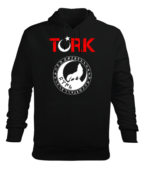 Tisho - Göktürk,Göktürk logosu,Türkiye. Siyah Erkek Kapüşonlu Hoodie Sweatshirt