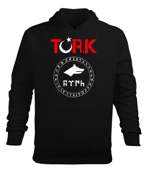 Tisho - Göktürk,Göktürk logosu,Türkiye. Siyah Erkek Kapüşonlu Hoodie Sweatshirt