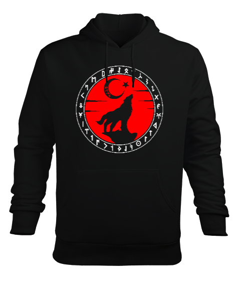 Tisho - Göktürk,Göktürk logosu,Türkiye. Siyah Erkek Kapüşonlu Hoodie Sweatshirt