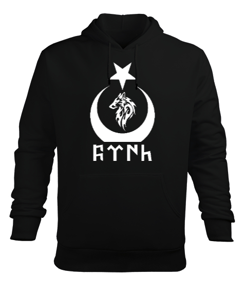 Tisho - Göktürk,Göktürk logosu,Türkiye. Siyah Erkek Kapüşonlu Hoodie Sweatshirt