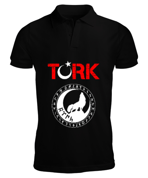 Tisho - Göktürk,Göktürk logosu,Türkiye. Siyah Erkek Kısa Kol Polo Yaka