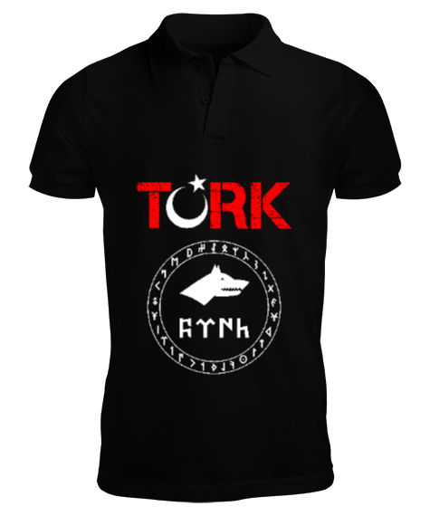 Tisho - Göktürk,Göktürk logosu,Türkiye. Siyah Erkek Kısa Kol Polo Yaka