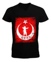 Göktürk,Göktürk logosu,Türkiye. Siyah Erkek Kısa Kol V Yaka Tişört - Tisho