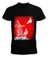 Göktürk,Göktürk logosu,Türkiye. Siyah Erkek Kısa Kol V Yaka Tişört - Tisho