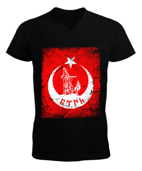 Tisho - Göktürk,Göktürk logosu,Türkiye. Siyah Erkek Kısa Kol V Yaka Tişört