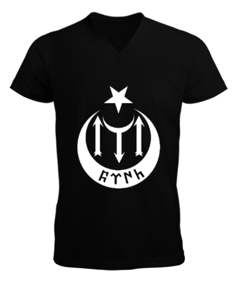 Tisho - Göktürk,Göktürk logosu,Türkiye. Siyah Erkek Kısa Kol V Yaka Tişört